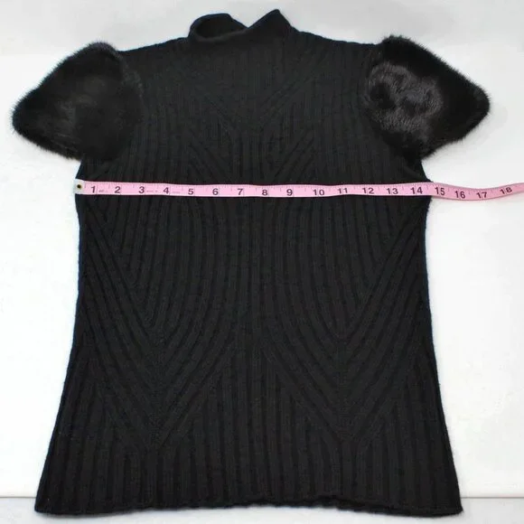 Valentino Black Cashmere Wool Sweater Genuine Fur Short Sleeve Mock neck Top